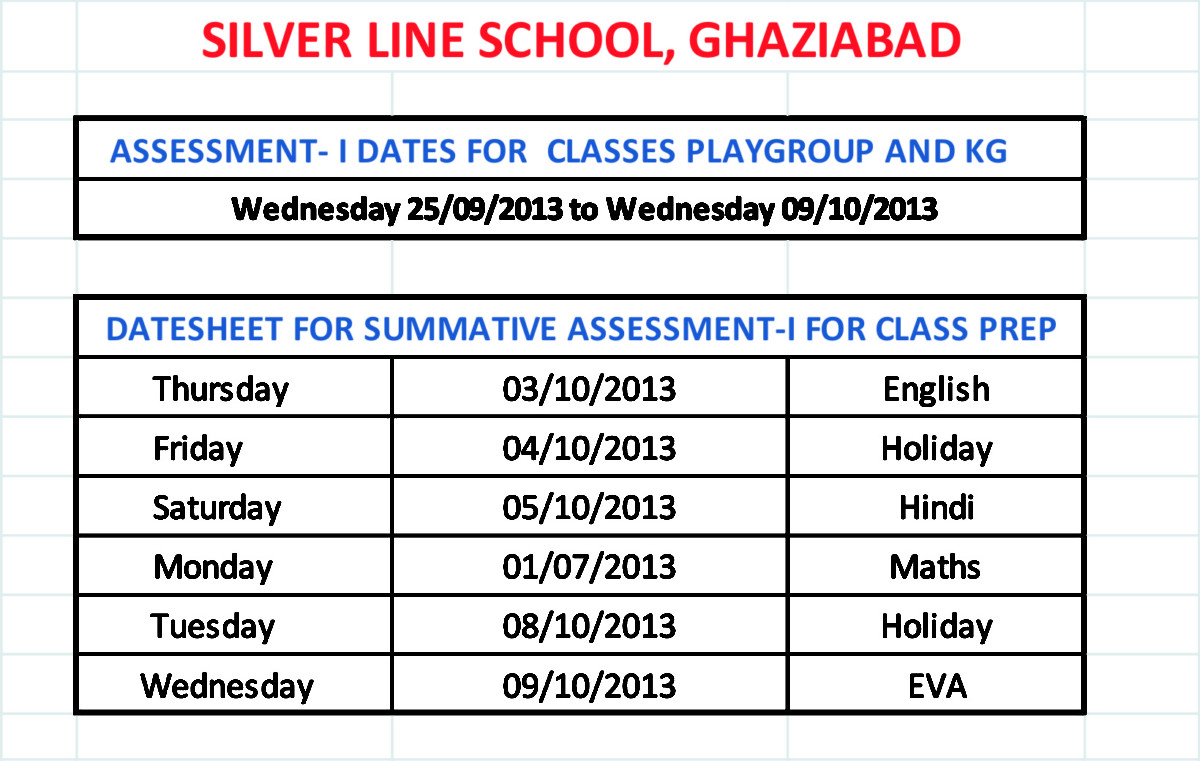 Date Sheet for Summative Assessment-I for Classes Playgroup, KG & Prep