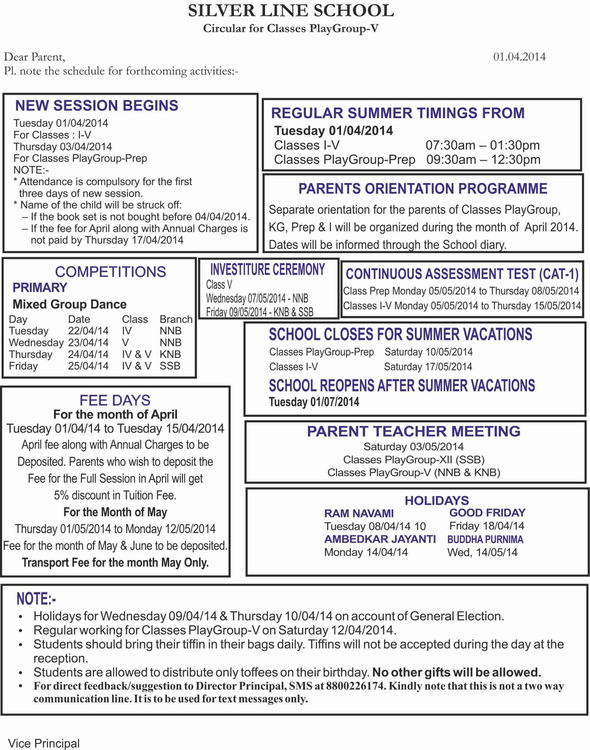 ‘Activities Ahead’ from April to May 2014 Classes PlayGroup-V