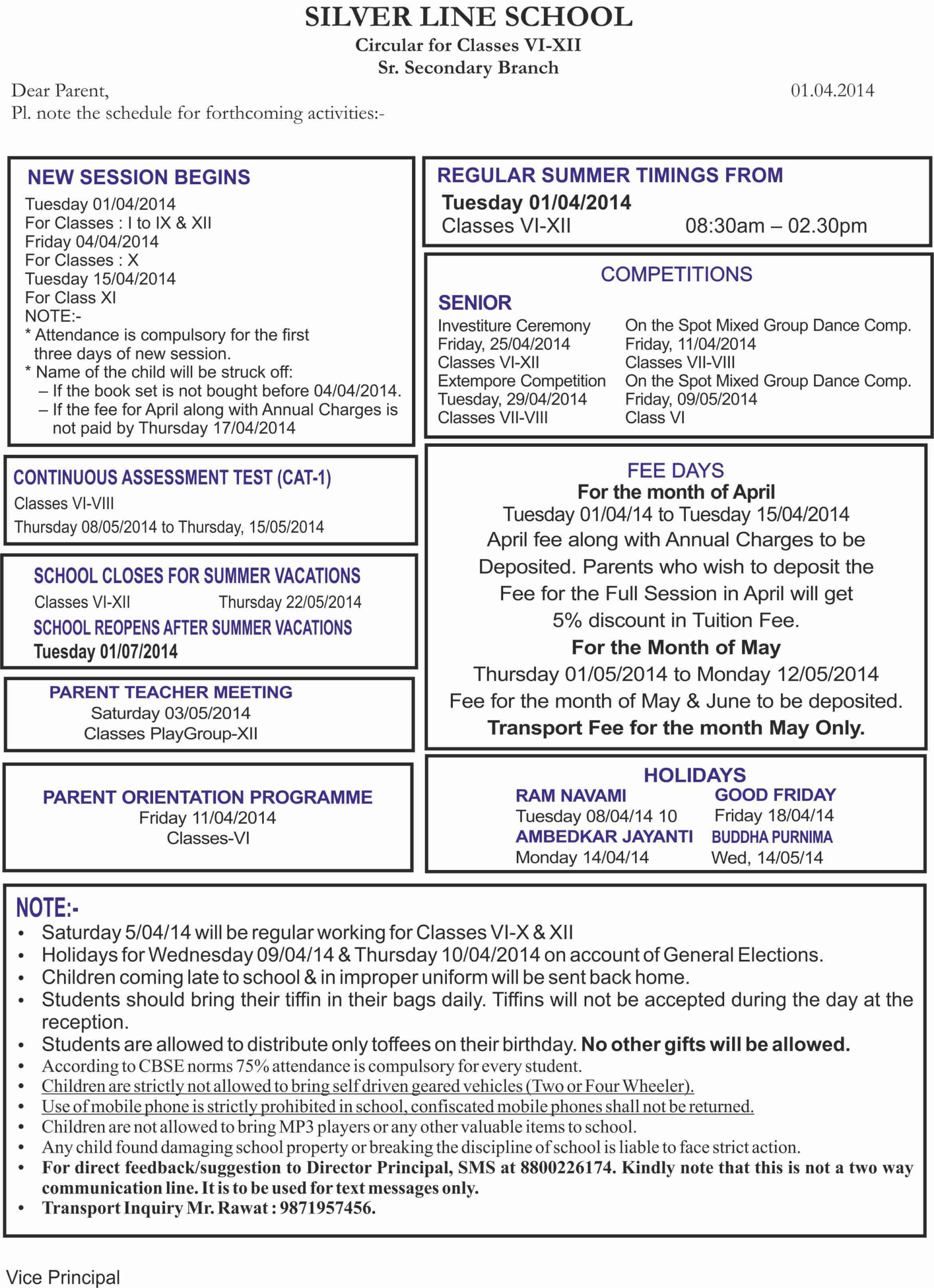 ‘Activities Ahead’ from April to May 2014 – Classes VI-XII